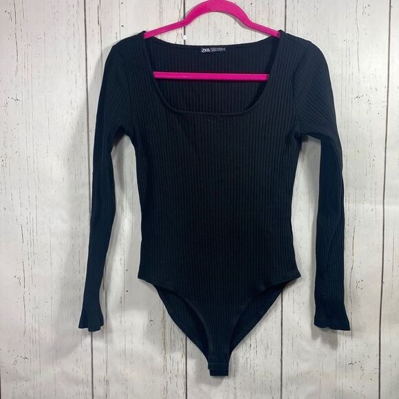 Zara Womens Black Long Sleeve Square Neck Bodysuit - Picture 1 of 11